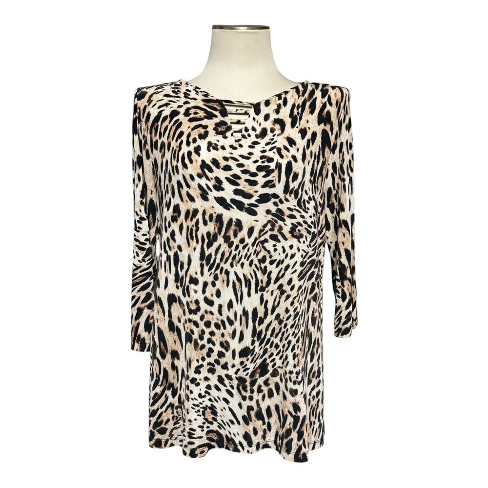 Chico's Travelers 3/4 Sleeve Tunic Top Brown Tan Beige Leopard 8/10